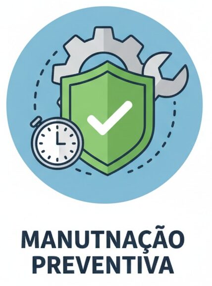 Dois ícones circulares contrastam a manutenção preventiva, representada por um escudo verde com um tique, e a manutenção corretiva, representada por um escudo rachado com um raio.