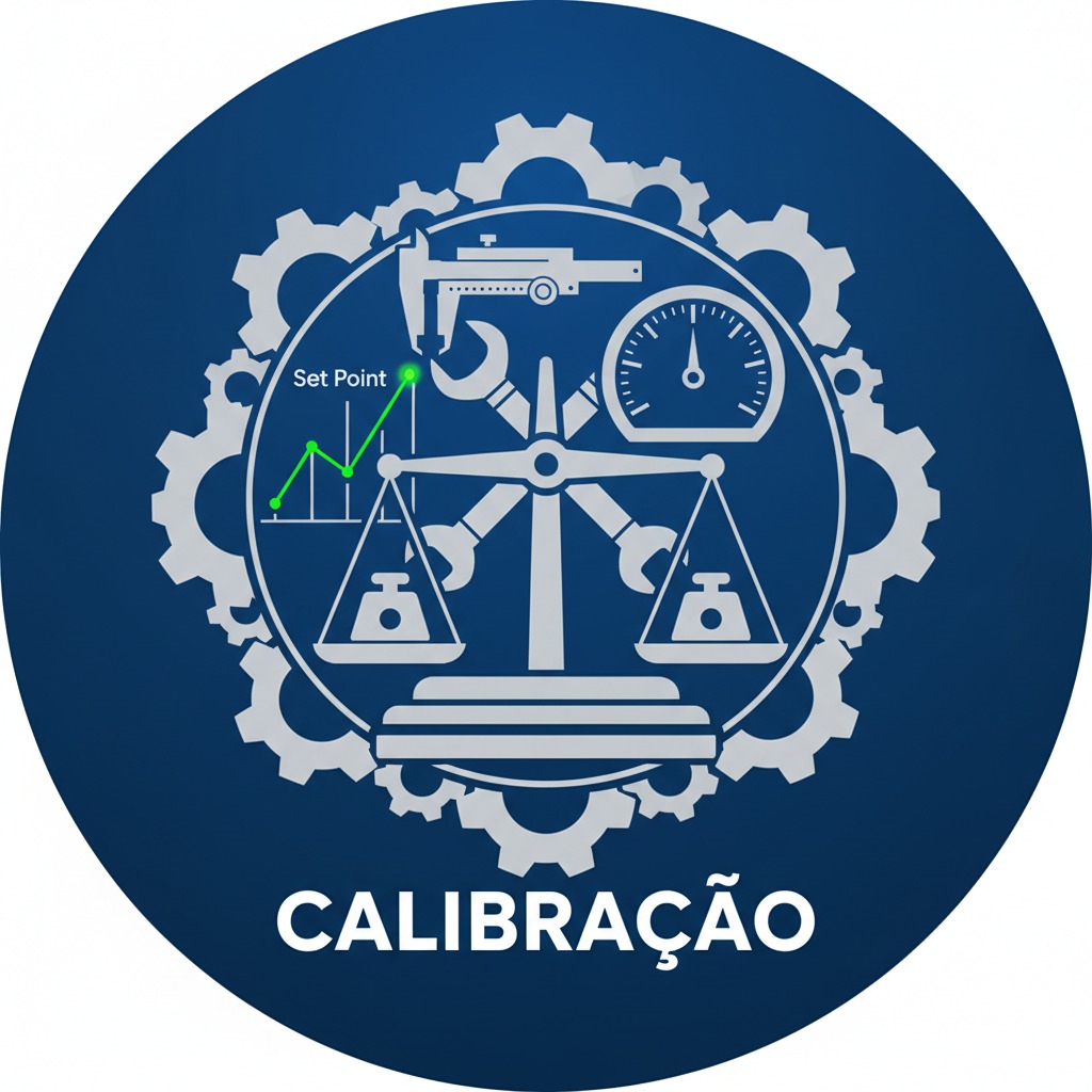 Selo circular azul com engrenagens cinzas, ícones de ferramentas de medição, uma balança e a palavra CALIBRAÇÃO em destaque na parte inferior.