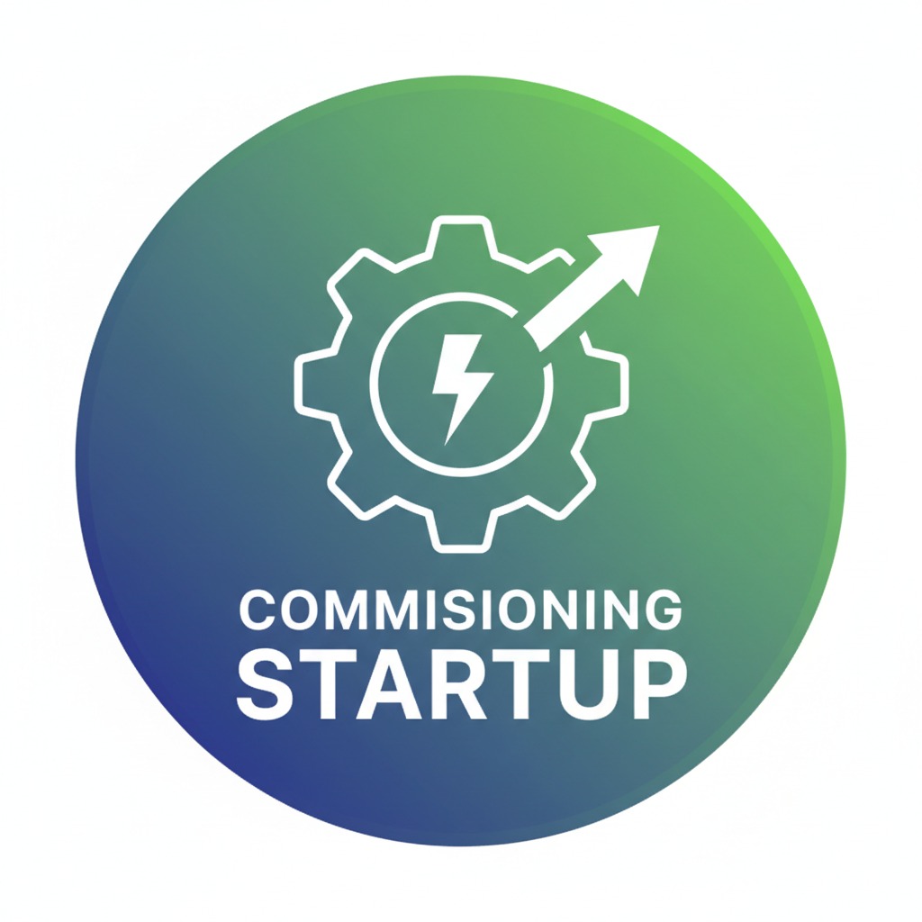 Selo circular com fundo gradiente do azul ao verde contendo um ícone de engrenagem com um raio e uma seta para cima, além do texto "COMMISSIONING STARTUP".