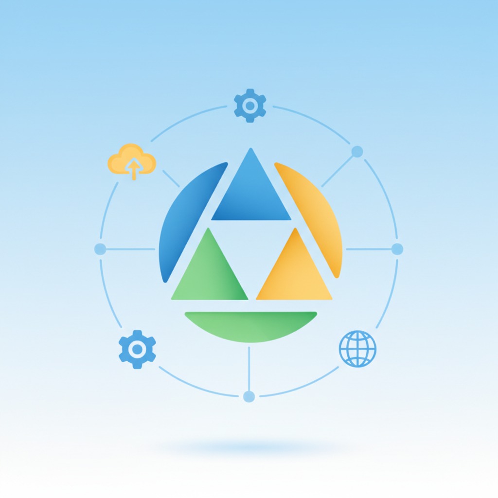 Ilustração digital de um símbolo geométrico circular dividido em cores azul, verde e amarelo, cercado por pequenos ícones conectados por linhas finas em um fundo azul claro.
